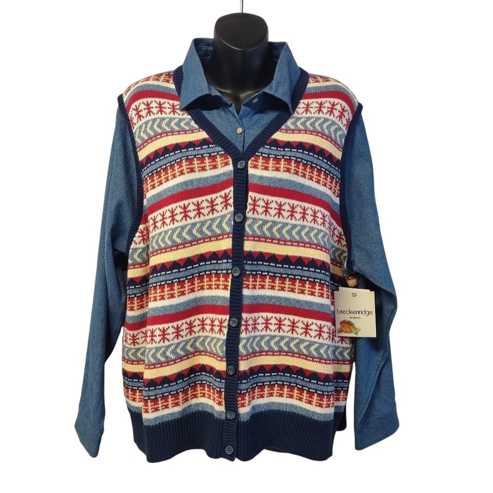 Breckenridge Wns Blue Denim Raglan Knit Geometric Pattern Cardigan Plus Sz 2XNWT